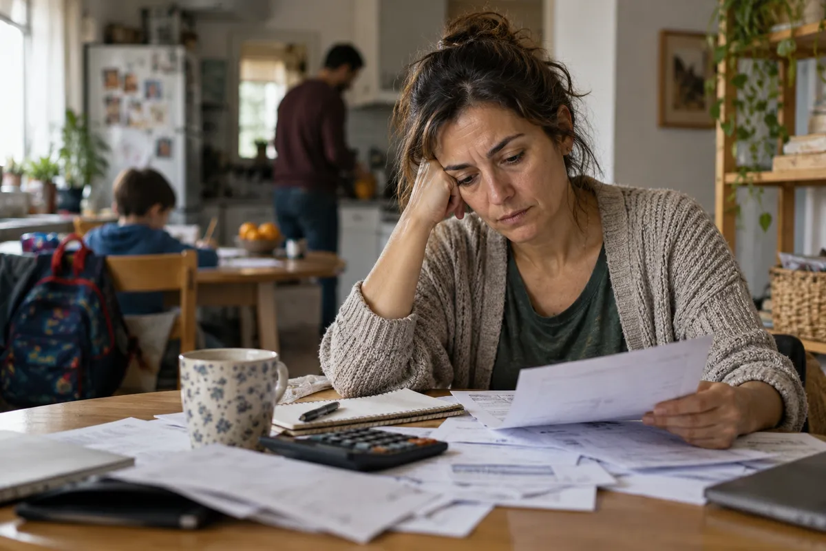 Mujer cansada revisando cartas del banco mientras su familia está en la cocina