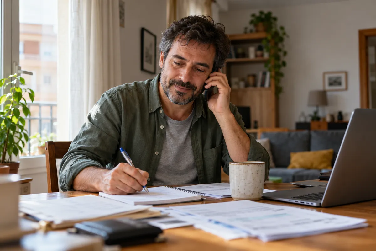 Hombre al teléfono tomando notas durante su verificación