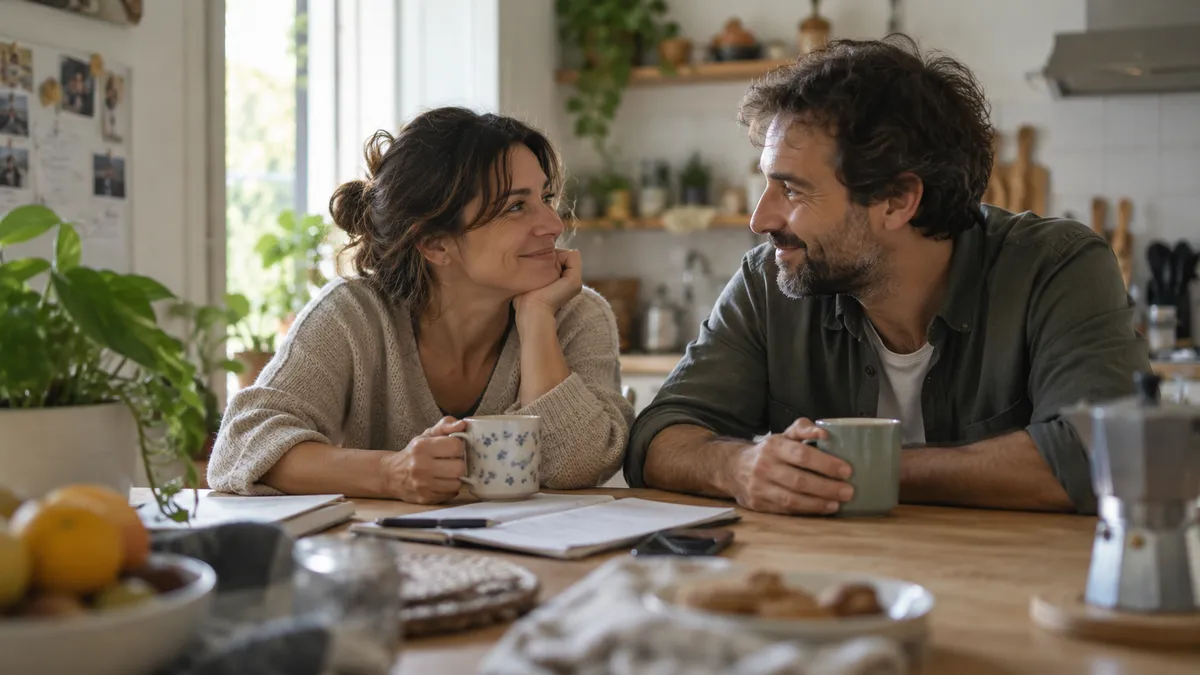 Pareja sonriendo con un café en la cocina