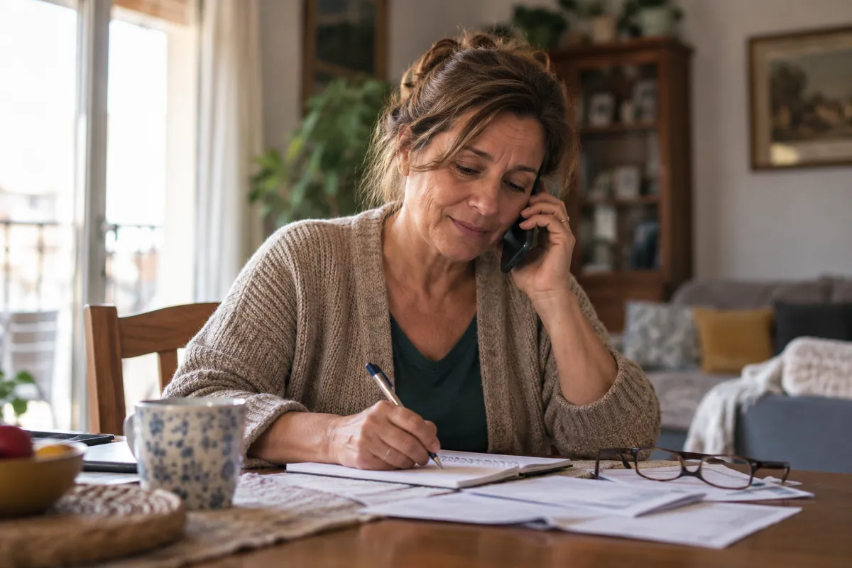Mujer al teléfono tomando notas durante su verificación